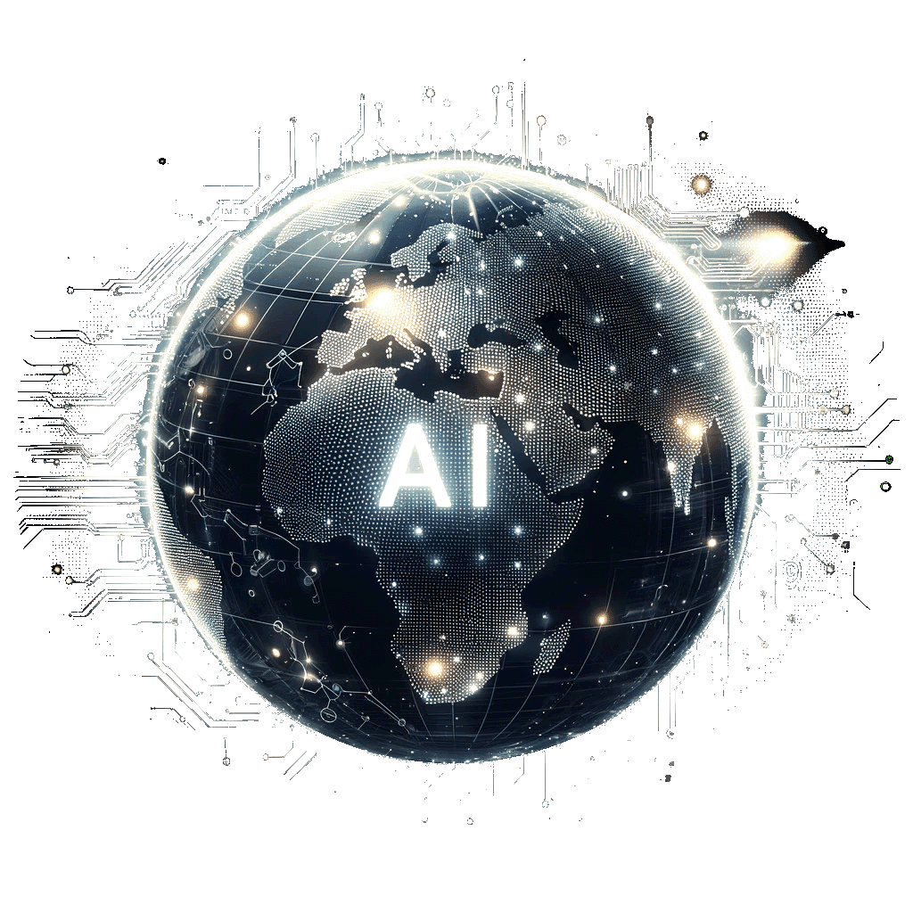 Un globo terráqueo metálico con las letras AI brillantes en el centro.