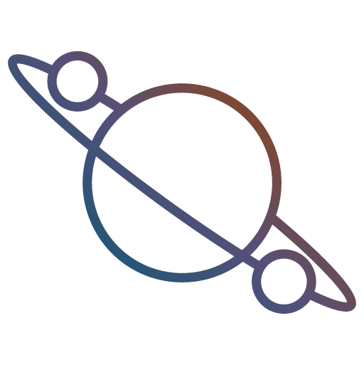 Icono de un planeta con tres anillos que lo orbitan, representando el alcance global o el impacto universal de la misión de una organización